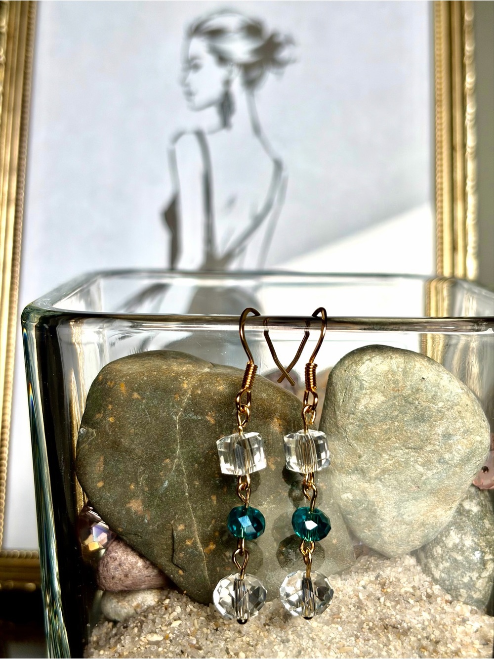Gold-Tone Blue and Clear Crystal Drop Earrings